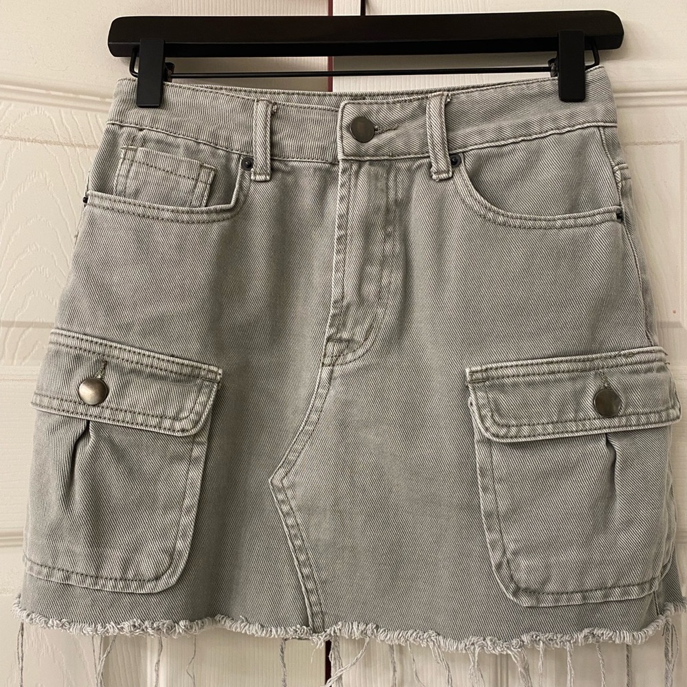 Gray/Green Denim Mini Skirt with Pockets